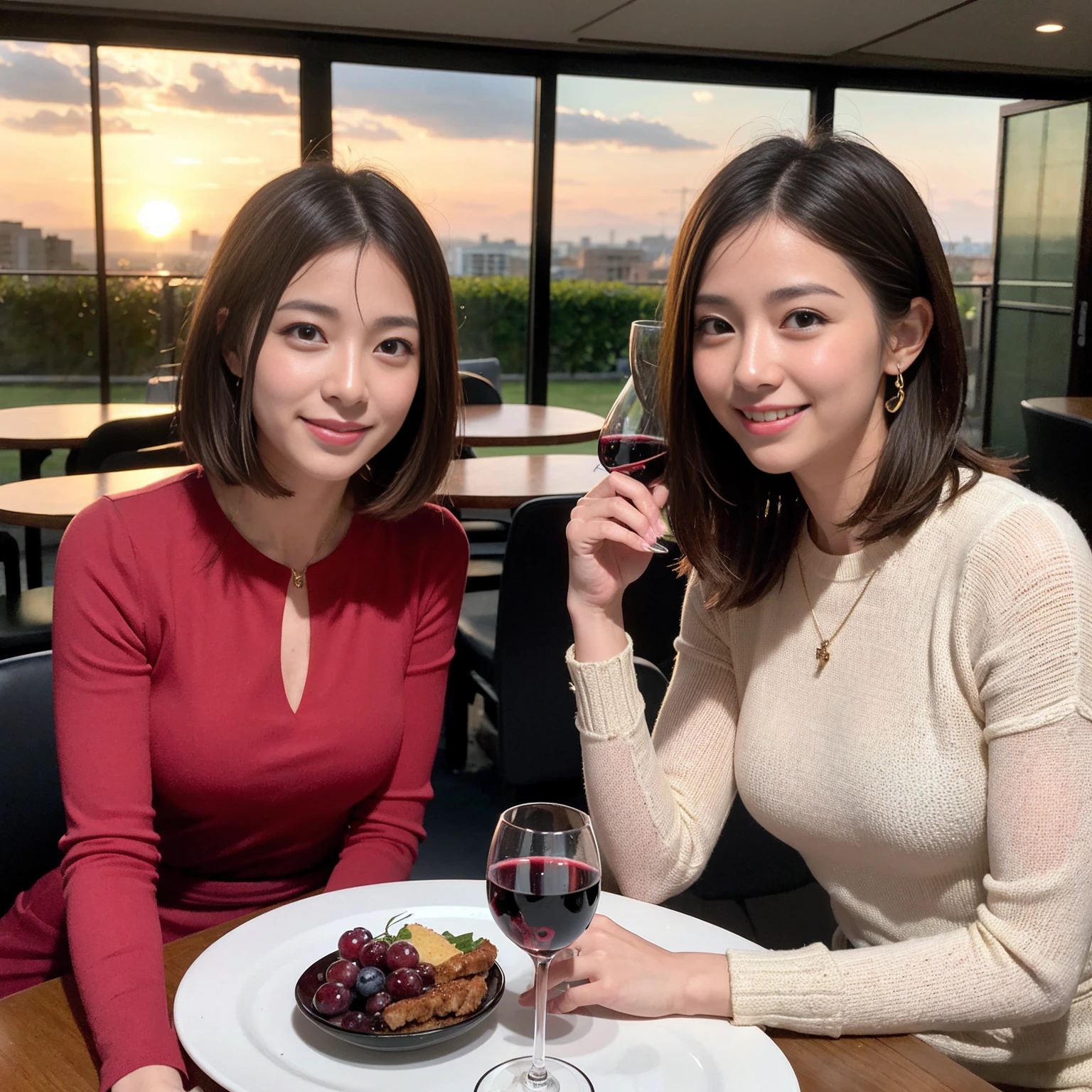 ((Highest quality、8K、masterpiece:1.3))、 (Genuineistic, Genuine、Bright image、Intricate details:1.2), 最高のsmile、1 male 1 female、Slim Body、Beautiful couple、Satomi Ishihara-like lover、Good friends、actress couple、smile、A full-course dinner with a full table、 (Slim face), (the body is slim), (Brown Hair), (short hair), テーブルのwine glass、Please shine a light on my face、 Amazing view of the sunset sky and clouds、 (36 years old)38 years old, red wine 、Wine bottle、sparkling wine、Long sleeve shirt、Pink Dress、White wine, red wine, wine glass,