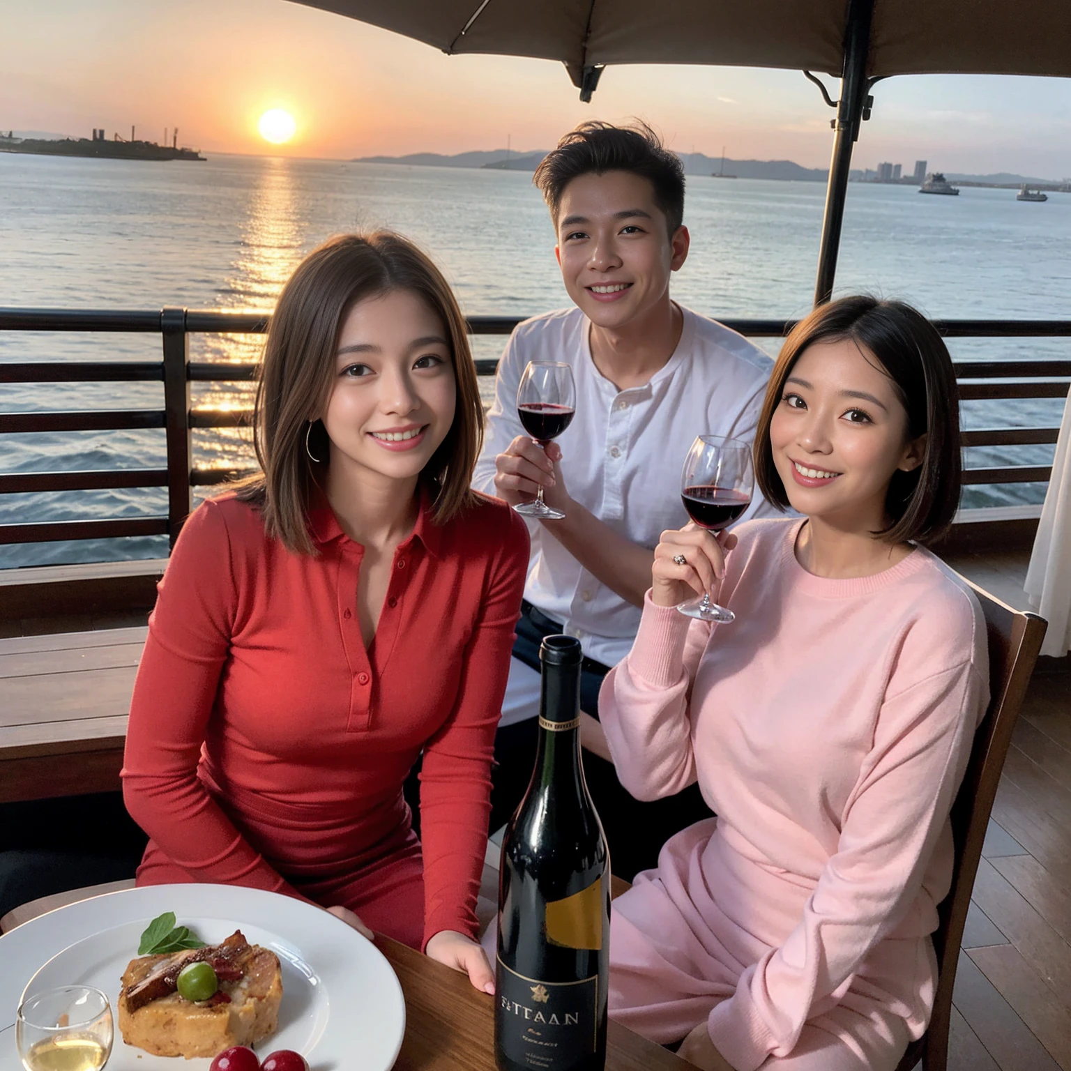 ((Highest quality、8K、masterpiece:1.3))、 (Genuineistic, Genuine、Bright image、Intricate details:1.2), 最高のsmile、1 male 1 female、Slim Body、Beautiful couple、Satomi Ishihara-like lover、Good friends、actress couple、smile、A full-course dinner with a full table、 (Slim face), (the body is slim), (Brown Hair), (short hair), テーブルのwine glass、Please shine a light on my face、 Amazing view of the sunset sky and clouds、 (36 years old)38 years old, red wine 、Wine bottle、sparkling wine、Long sleeve shirt、Pink Dress、White wine, red wine, wine glass,