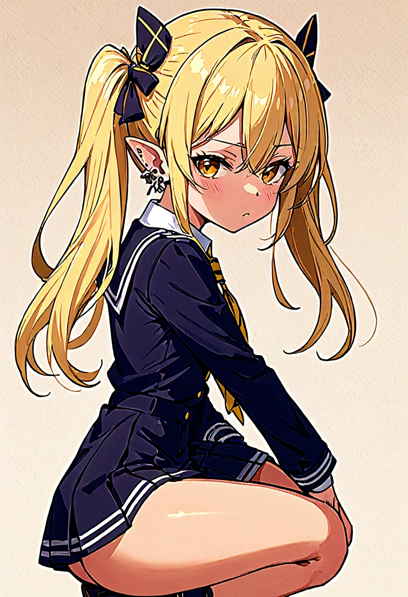 A highschool tan girl with blonde hair long to butt and tied up, piercings ears and wearing kogal style uniform.