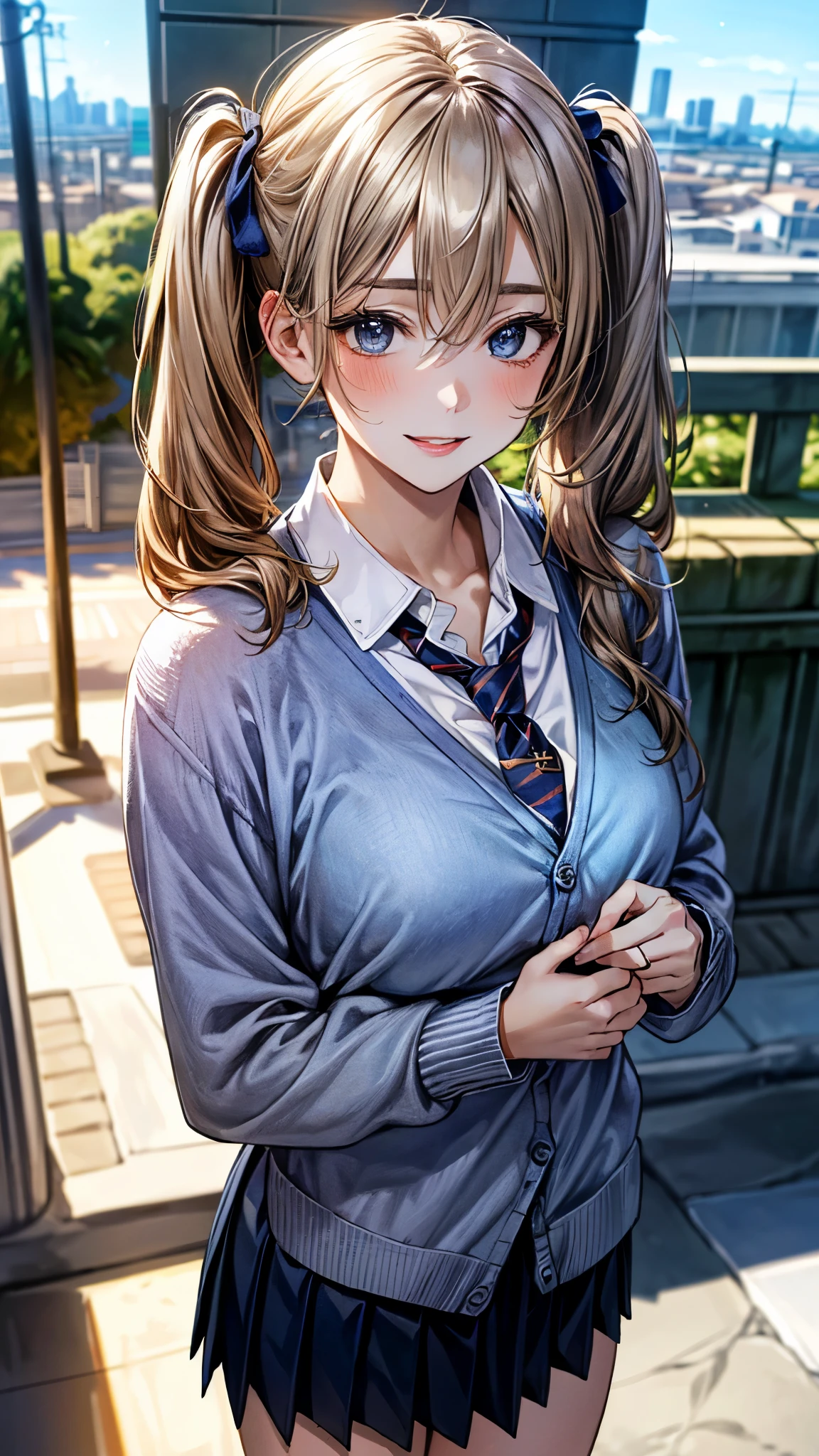 (masterpiece:1.3, top-quality, ultra high res, ultra detailed), (realistic, photorealistic:1.4), beautiful illustration, perfect lighting, natural lighting, colorful, depth of fields, ,
beautiful detailed hair, beautiful detailed face, beautiful detailed eyes, beautiful clavicle, beautiful body, beautiful chest, beautiful thigh, beautiful legs, beautiful fingers, shiny skin,
looking at viewer, 1 girl, high school girl, (perfect ???????, anatomically correct, super detailed skin), cute and symmetrical face, babyface, perfect face, perfect eyes, ,
(long hair:1.4, twin tails:1.2, blonde hair), swept bangs, hair between eyes:0.6, blue eyes, big eyes, long eye lasher, (medium breasts, seductive thighs), slender, skin dendation,
detailed cloth texture, break, (navy cardigan:1.4), break, (white collared shirt), break, (dark red tie), break, (light blue pleated skirt:1.2), break,
(beautiful scenery), summer, evening, (cityscape:1.2), standing, hands on chest, (lovely smile, upper eyes, parted lips),
