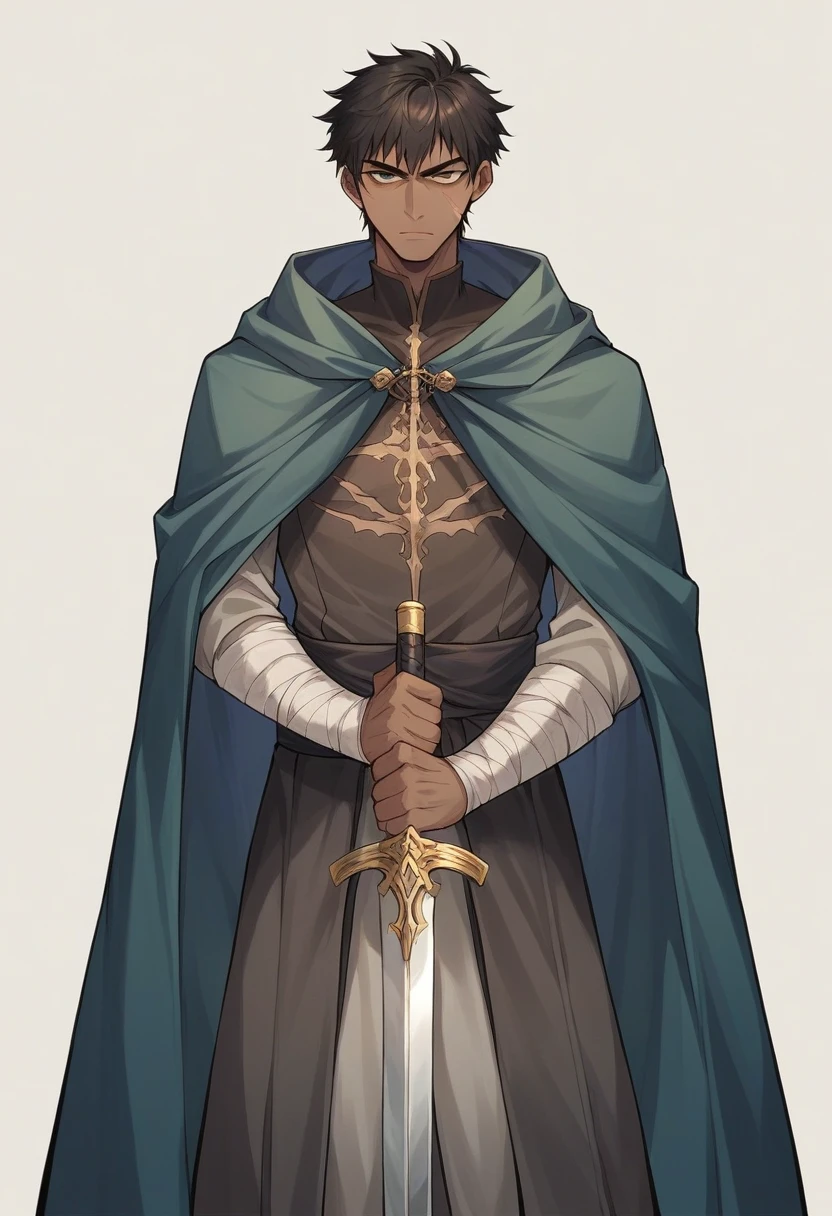 Dark anime pictures: A 26-year-old young man wore a cloak that barely covered his face. He had a missing left arm and was blind in his left eye. There are scars on the face. holding a sword in the right hand Standing in the middle of a dark atmosphere There was a bit of wind and corpses were scattered around. Next to him stood a cute little sister standing close together. The place was filled with silence and an oppressive atmosphere."