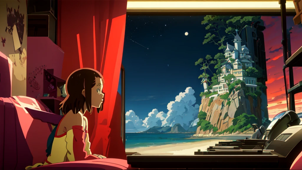 1 girl, 90s anime style, night, coffee shop, moon, Girl wearing headphones, late night カフェ, Listening to music alone, City Pop, low quality, Lo-Fi, Chill, late night, Stylish cafe, Dark Room, futuristic night view outside the window, Dark Room,Ghibli-style anime,Studio Ghibli,Studio Ghibli Style HMC, Studio Ghibli Style HMC, Beach sunset bike view,Blues, One girl,landscape,Beautiful sunset,