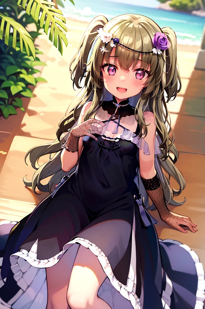 Himari Mei, masterpiece, , cute, flat chest, cute and shy smile, highly detailed sparkling brilliant purple eyes, open mouth slightly, standing in summer beach, aquamarine sea, sandy beach, black dress, perfect body, detailed hands, heart hands