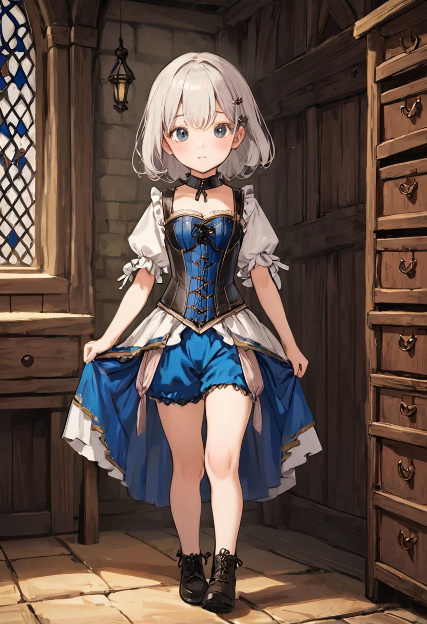 8  medieval girl, underwear姿、Knee-length drawers（underwear）Wearing、Wearing a corset