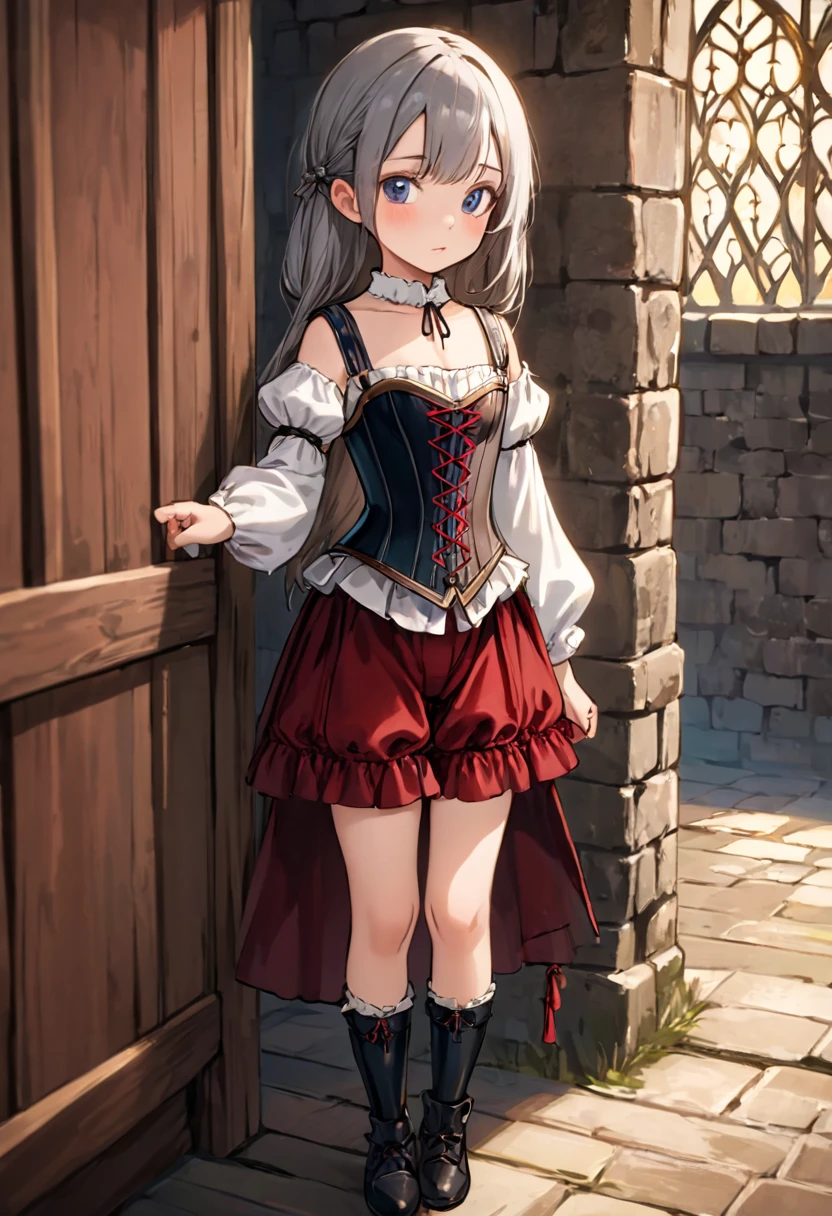 8 year old medieval girl, underwear姿、Knee-length drawers(underwear)Wearing、Wearing a corset