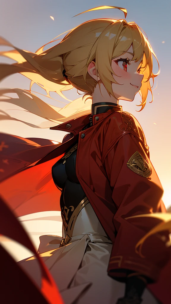 1 Girl、8K、Sharp focus、(Bokeh) (Highest quality) (Detailed skin:1.3) (Intricate details) (anime)、Genki Girl、Small breasts、Red Riders Jacket、blonde、Beautiful red eyes、ponytail、Ahoge、gloves、Bright smile、terrace、Blowing in the wind、Golden Hour Sky、profile、Upper body close-up