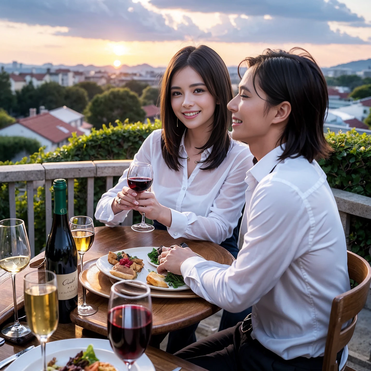((Highest quality、8K、masterpiece:1.3))、 (Genuineistic, Genuine、Bright image、Intricate details:1.2), 最高のsmile、1 male 1 female、Beautiful couple、Lovey-dovey lovers、fiancee、Good friends、actress couple、smile、Full-course dinner at a packed table、 (Slim face), (the body is slim), (Brown Hair), (short hair), テーブルのwine glass、Please shine a light on my face、 Amazing view of the sunset sky and clouds、 years old 39 years old, red wine 、Appetizers、Wine bottle、sparkling wine、Long sleeve shirt、dress、White wine, red wine, wine glass,