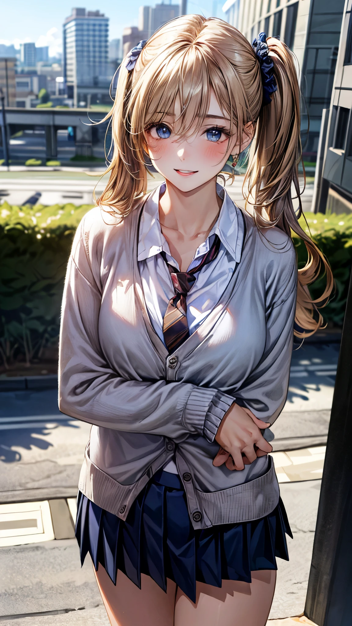 (masterpiece:1.3, top-quality, ultra high res, ultra detailed), (realistic, photorealistic:1.4), beautiful illustration, perfect lighting, natural lighting, colorful, depth of fields, ,
beautiful detailed hair, beautiful detailed face, beautiful detailed eyes, beautiful clavicle, beautiful body, beautiful chest, beautiful thigh, beautiful legs, beautiful fingers, shiny skin,
looking at viewer, 1 girl, high school girl, (perfect anatomy, anatomically correct, super detailed skin), cute and symmetrical face, babyface, perfect face, perfect eyes, ,
(long hair:1.4, twin tails:1.2, blonde hair), swept bangs, hair between eyes:0.6, blue eyes, big eyes, long eye lasher, (medium breasts, seductive thighs), slender, skin dendation,
detailed cloth texture, break, (navy cardigan:1.4), break, (white collared shirt), break, (dark red tie), break, (light blue pleated skirt:1.2), break,
(beautiful scenery), summer, evening, (cityscape:1.2), standing, hands on chest, (lovely smile, upper eyes, parted lips),