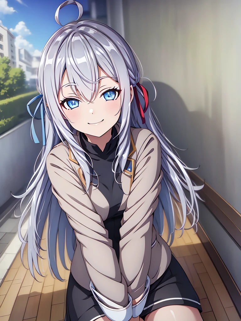 alya, long hair, silver hair, ahoge, crossed bangs, hair ribbon, sidelocks, blue eyes, smile mouth, face of happiness 