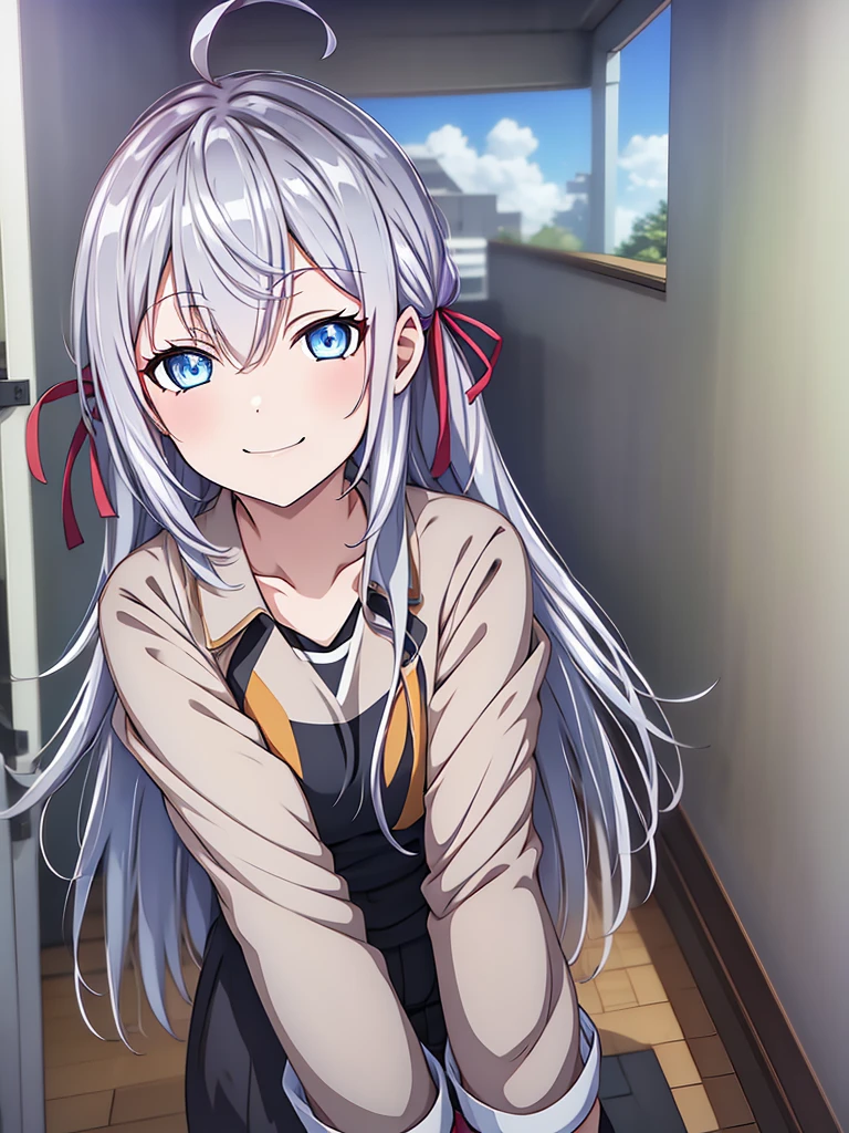 alya, long hair, silver hair, ahoge, crossed bangs, hair ribbon, sidelocks, blue eyes, smile mouth, face of happiness 