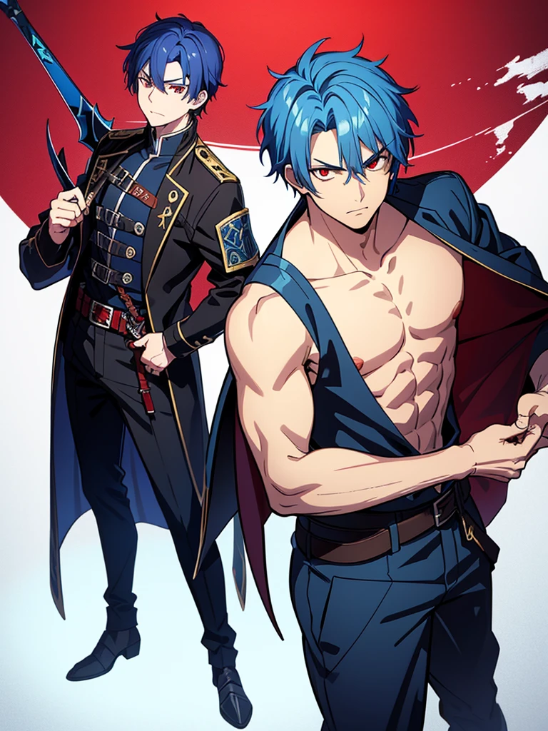 MALE Character, Adult, Boy, Blue Hair, Red Eyes, Bad boy Look, Warrior clothes, Isekai World Background