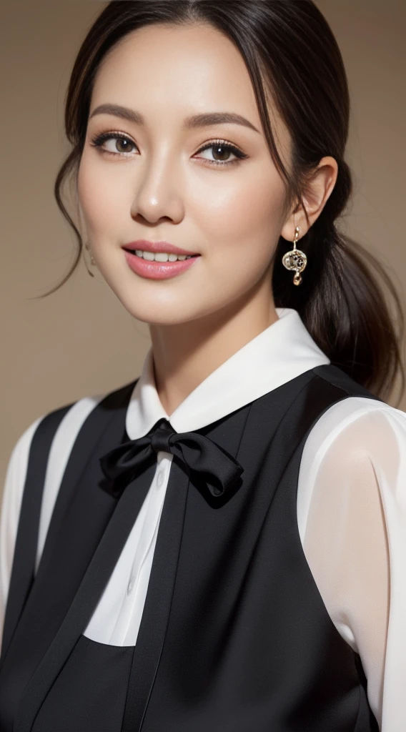 tmasterpiece,Best quality, (sweetheart. employee:1), (Professional Dress:1.3)), ， ssmile，Beutiful women, long leges，European people，Professional attire seduction，skin hyper-detail，Unclog pores，in a panoramic view，hip is cocked，blackstockings，Beautiful young woman in her 40s,  It's a perfect face, goodlooking,  (detailedfacialfeatures),  Face is clean and beautiful
