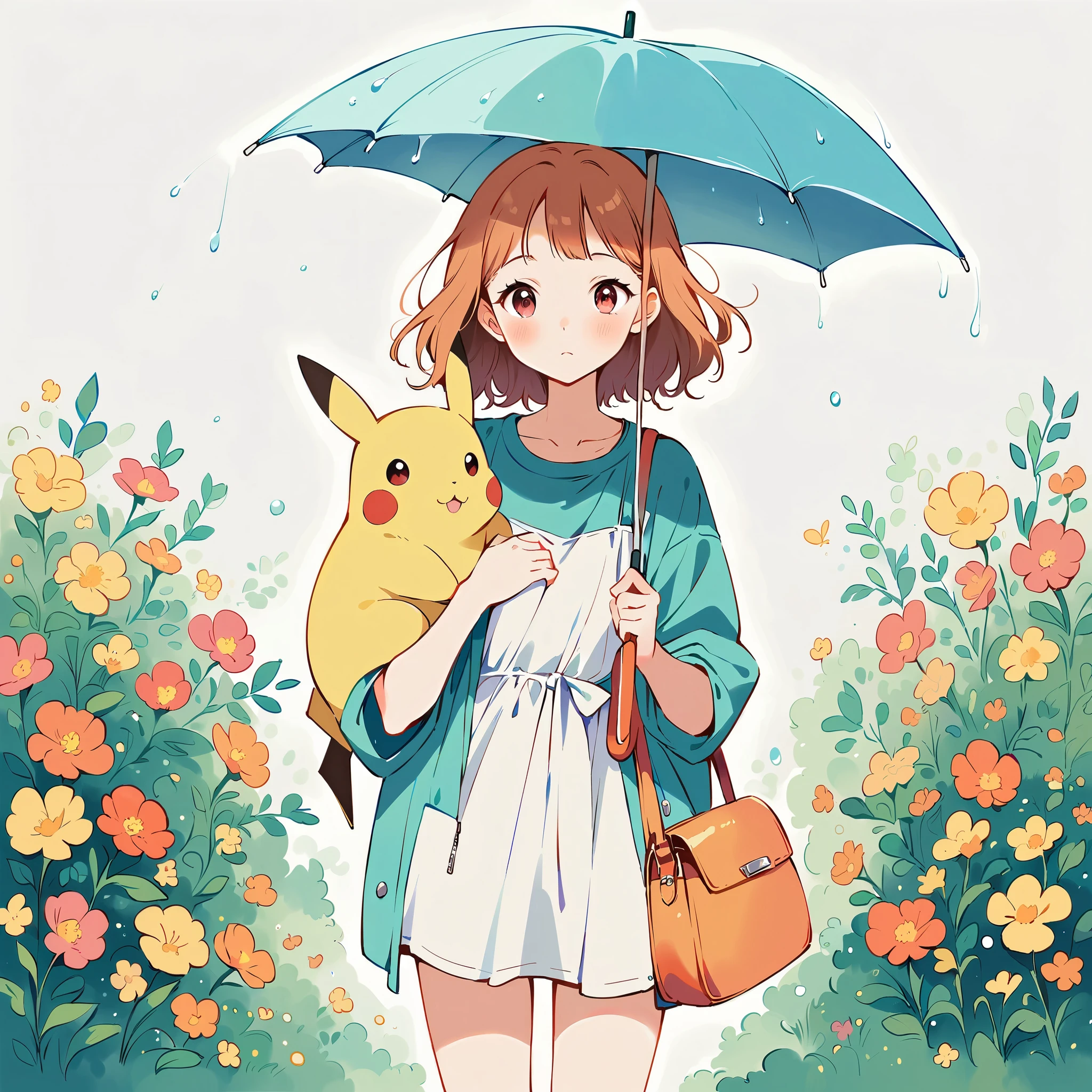 ((anime:1.4,illustration)),(masterpiece, top quality, best quality),(ultra-detailed, absolutely resolution),((16k, high res)), (((Pikachu holding an umbrella in the rain, a rainbow is out, the sky is half sunny and half rainy)) ((cozy lofi illustration:1.4)), ((anime:1.4, illustration)),(masterpiece, top quality, best quality),(ultra-detailed, absolutely resolution),((16k, high res))