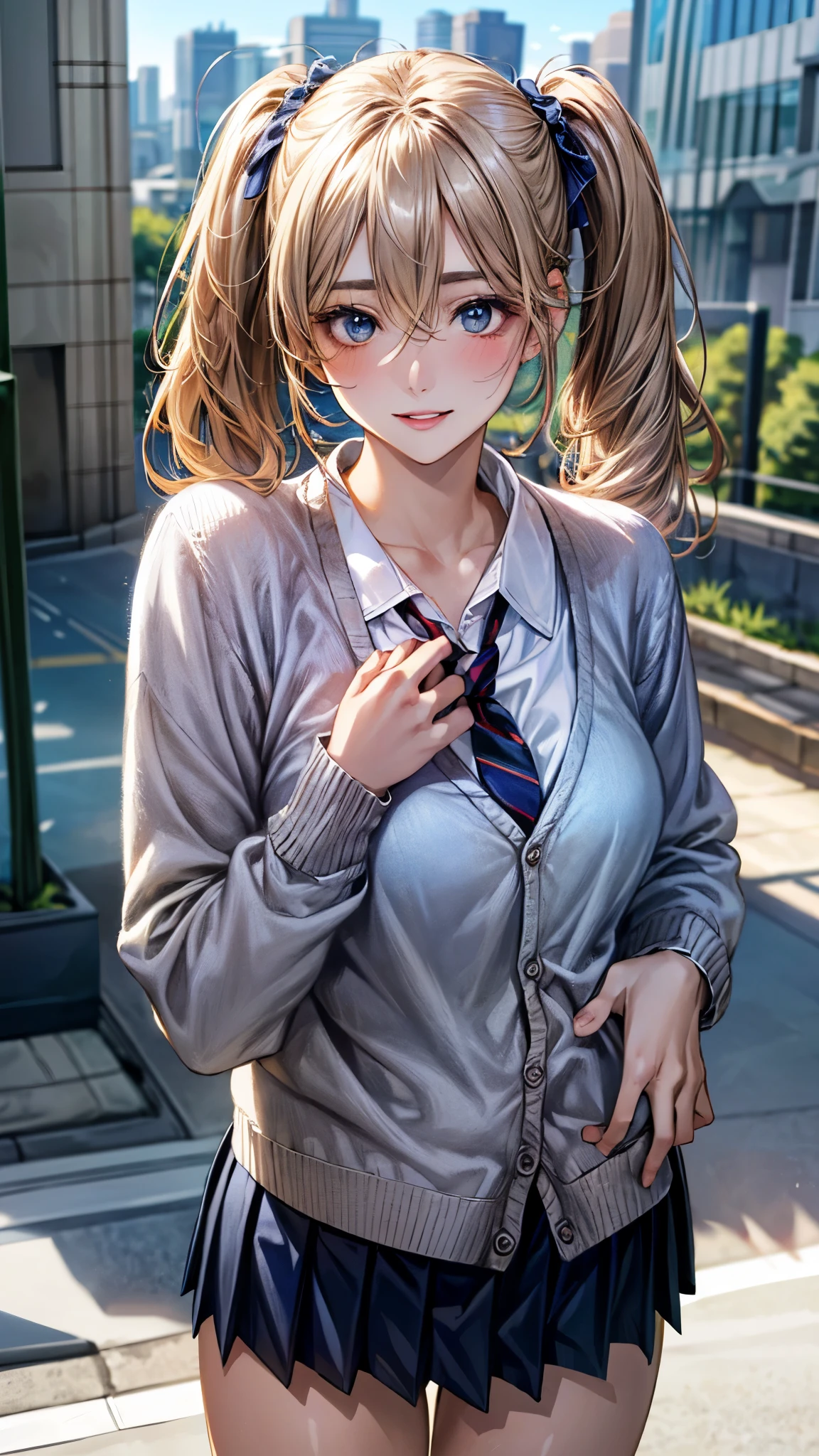 (masterpiece:1.3, top-quality, ultra high res, ultra detailed), (realistic, photorealistic:1.4), beautiful illustration, perfect lighting, natural lighting, colorful, depth of fields, ,
beautiful detailed hair, beautiful detailed face, beautiful detailed eyes, beautiful clavicle, beautiful body, beautiful chest, beautiful thigh, beautiful legs, beautiful fingers, shiny skin, 
looking at viewer, 1 girl, high school girl, (perfect anatomy, anatomically correct, super detailed skin), cute and symmetrical face, face, perfect face, perfect eyes, , 
(long hair:1.4, twin tails:1.2, blonde hair), swept bangs, hair between eyes:0.6, blue eyes, big eyes, long eye lasher, (medium breasts, seductive thighs), slender, skin dendation, 
detailed cloth texture, break, (navy cardigan:1.4), break, (white collared shirt), break, (dark red tie), break, (light blue pleated skirt:1.2), break, 
(beautiful scenery), summer, evening, (cityscape:1.2), standing, hands on chest, (lovely smile, upper eyes, parted lips), 