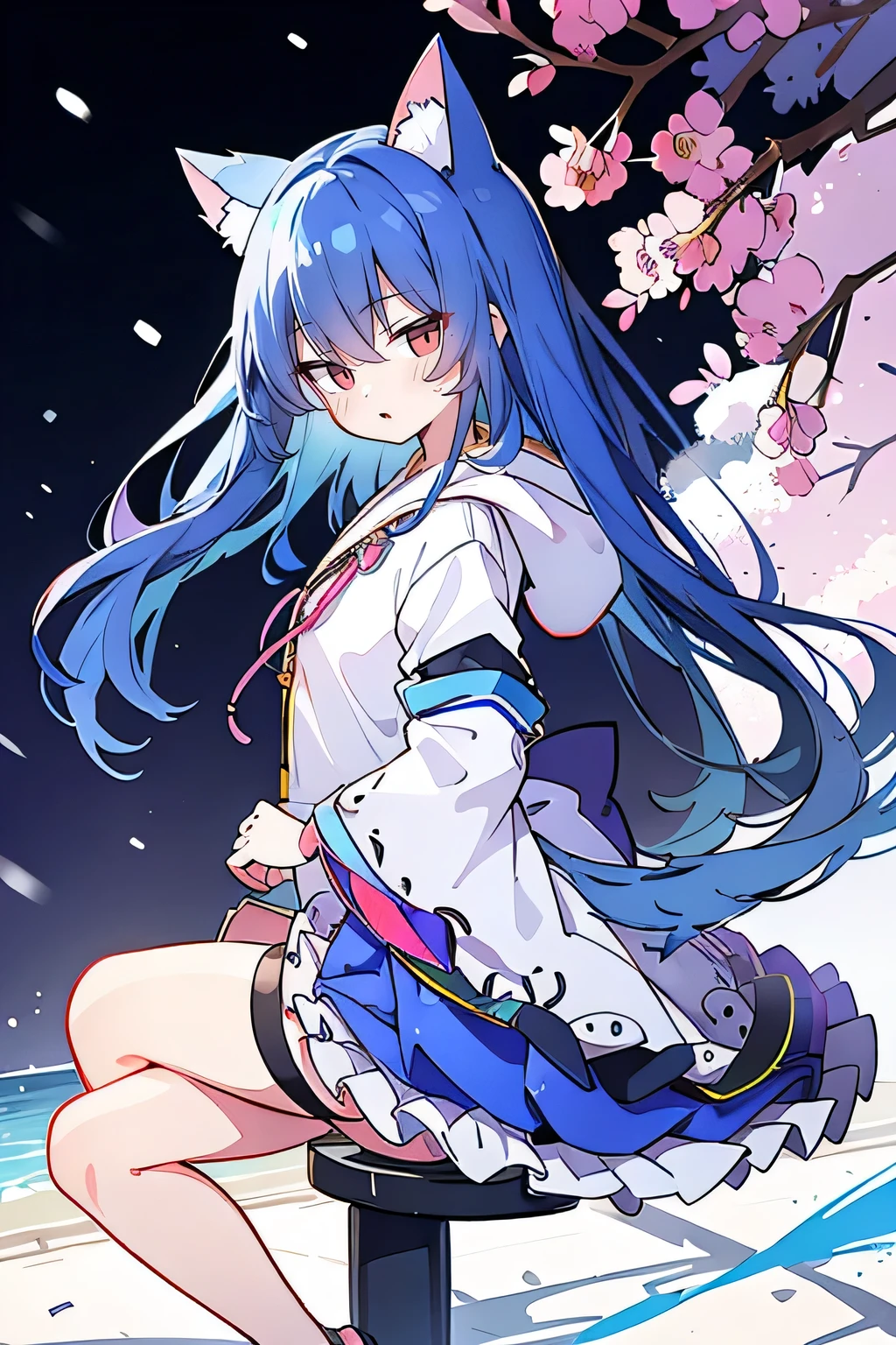 (masterpiece:1.2),Super detailed,lifelike,Expressive eyes,fair skin,perfect face shape,1 girl,
Japanese comics,Gorgeous blue hair,flowing blue hair,flowing clothes,Cat ears,Petals fall,beautiful lola,Baby Angel,
Shaking head with one hand,Cross your legs,Gentle and peaceful background,The pavilion is cool and comfortable,smile, wearing hoodie, background of tokyo,back views,snowing, winter.