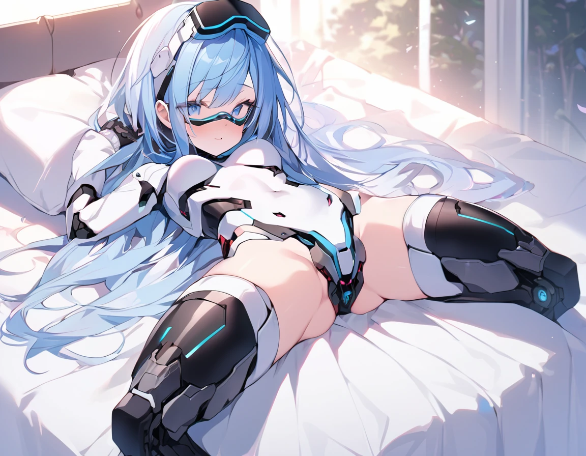 (Rear insertion position, ), (Blue Hair, short, Cute Hips), , ,(white inner suit、、Thigh-high stockings、Head-mounted display、), (On the bed),,nsfw、BREAK Perfect Anatomy、Highest quality、(cute:1.1)、(cute)、(High resolution:1.2)、Unbelievably absurd:1.3、Incredible illustrations、(cuteイラスト:1.2)、Beautiful background、(1 girl) 、solo)、(10th Generation、cyborg、)、slender、（lying on back）、