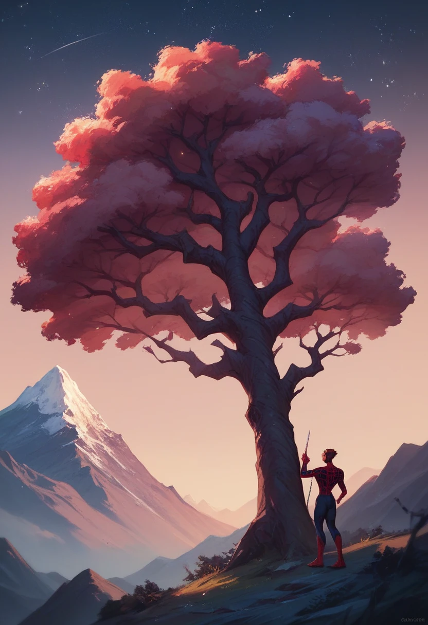 Spiderman beside tree and mountain in heaven with starry night