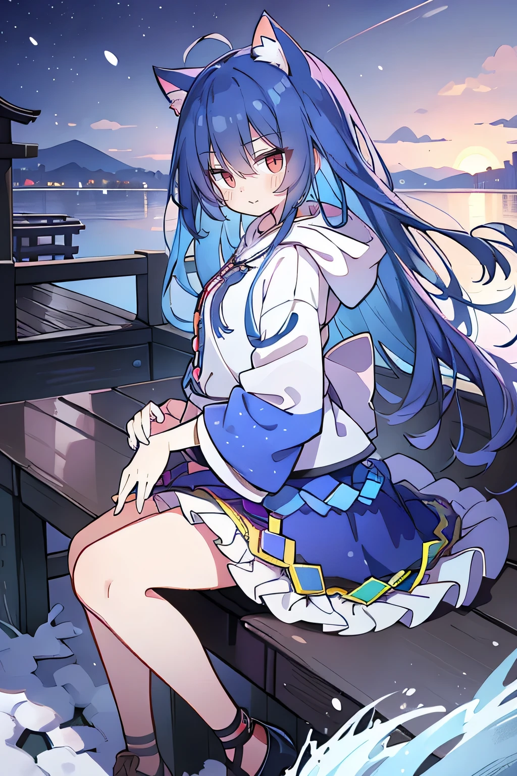 （masterpiece：1.2），Super detailed，lifelike，Expressive eyes，fair skin，perfect face shape，1 girl，
Japanese comics,Gorgeous blue hair,flowing blue hair,flowing clothes,Cat ears,Petals fall,beautiful lola,Baby Angel,
Shaking head with one hand，Cross your legs，Gentle and peaceful background，The pavilion is cool and comfortable,smile, wearing hoodie, background of tokyo,back views,snowing, winter.