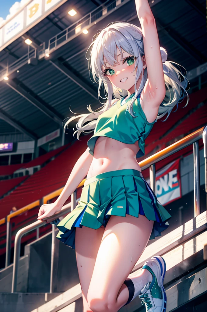 index, index,Silver Hair, (Green Eyes:1.5),Long Hair, (Flat Chest:1.2),Grin,tooth,Daytime,sunny,
,(cheer leading), (whole body), Lower, (Sweaty), Sweaty Wet Clothes, (White clothes),Sleeveless, Pleated skirt,Black socks,sneakers, Belly button support, playground, (Jump), (Jump), 足を曲げてJumpする, air, blue sky, Grass原, smile,Cheerleader, Pom-pom \(cheer leading\)have, Grass, smile, whole bodyがイラストに入るように,
break looking at viewer, whole body,(Cowboy Shot:1. 5) ,
break outdoors, Stadium,crowd, people々々々,A packed audience,
break (masterpiece:1.2), Highest quality, High resolution, unity 8k wallpaper, (shape:0.8), (Beautiful and beautiful eyes:1.6), Highly detailed face, Perfect lighting, Extremely detailed CG, (Perfect hands, Perfect Anatomy),