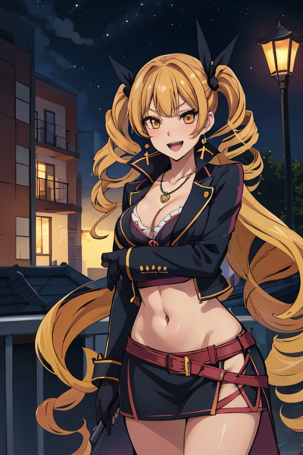  anime,
(1girl, solo), (beautiful detailed girl), 
Mariabell Crois, yellow hair, drill hair, twin drills, (long hair:1.1), very long hair,, hair ornament, orange eyes, , earrings, necklace, jewelry,
smug, smile, blush, lipstick, fur trim, mature female, gloves, fur-trimmed coat, outdoors, rooftop, cityscape, building, railing, night sky, scenery, city lights, masterpiece, best quality, highly detailed, a girls with a gun, open mouth, blazer,  gaze, () , badass pose , evil smile, smile, black bra, anime girl with long hair, long haired girl,
navel, evil expression, exposed belly, exposed navel, exposed midriff, exposed lower belly, micro
miniskirt, micro pencil skirt, pencil skirt ,holding a gun,