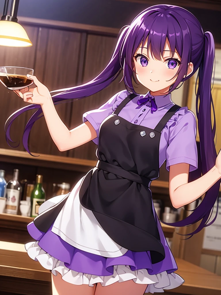 {{Masterpiece}},{{best quality}},{{illustration}},{beautiful detailed eyes},{{cinematic lighting}},rize tedeza,purple hair,pigtails,purple shirt,purple ribbon,around collar,purple apron,dark purple skirt,carrying drinks,waitress,face of happiness, smile mouth,cafe background,yellow lightings 