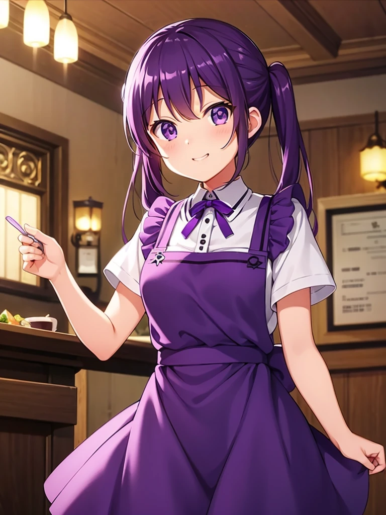 {{Masterpiece}},{{best quality}},{{illustration}},{beautiful detailed eyes},{{cinematic lighting}},rize tedeza,purple hair,pigtails,purple shirt,purple ribbon,around collar,purple apron,dark purple skirt,carrying drinks,waitress,face of happiness, smile mouth,cafe background,yellow lightings