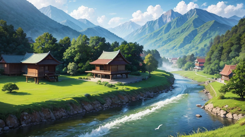 a peaceful landscape, Could be a painting, with a river flowing through a valley, where traditional Asian-style houses are nestled amidst lush green nature. The mist-covered mountains lie in the background, and the birds were flying in the sky. This work of art captures the peaceful beauty of nature and traditional rural life. There are no math or homework problems shown in the image for conversion