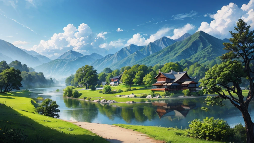 a peaceful landscape, Could be a painting, with a river flowing through a valley, where traditional Asian-style houses are nestled amidst lush green nature. The mist-covered mountains lie in the background, and the birds were flying in the sky. This work of art captures the peaceful beauty of nature and traditional rural life. There are no math or homework problems shown in the image for conversion