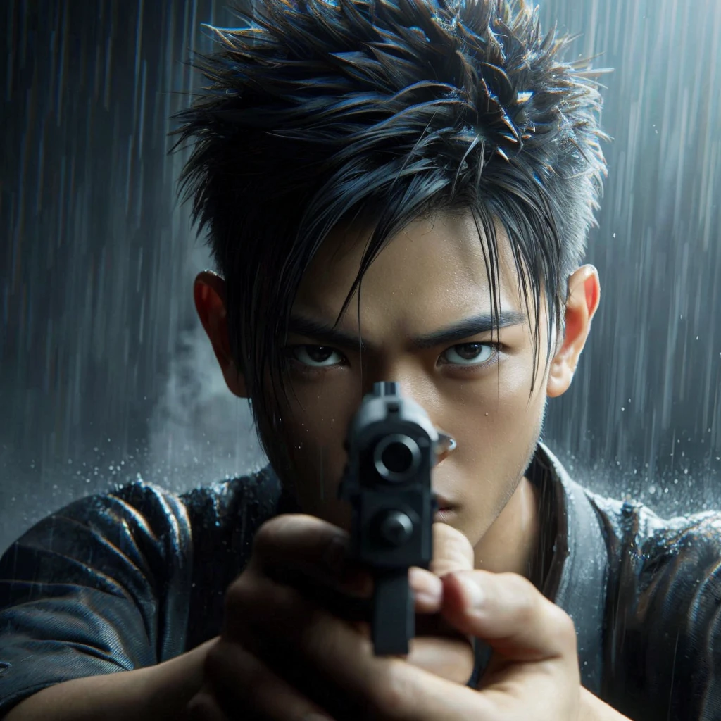 3d hyperrealistik dari seorang pria asia ,usia 25 tahun rambut short and spiky yang bertekad mengarahkan pistol langsung ke penonton. Adegan menyampaikan momen ini dengan intensity dramatis, dengan tetes hujan terlihat di wajah dan rambutnya. Fokus adalah pada matanya dan pistol yang dipegang erat di kedua tangannya, menekankan fokus dan tekadnya yang tak tergoyahkan. Suasana hati secara keseluruhan intens dan menyenangkan. uhd,ultrarealistic,4k,cinematic