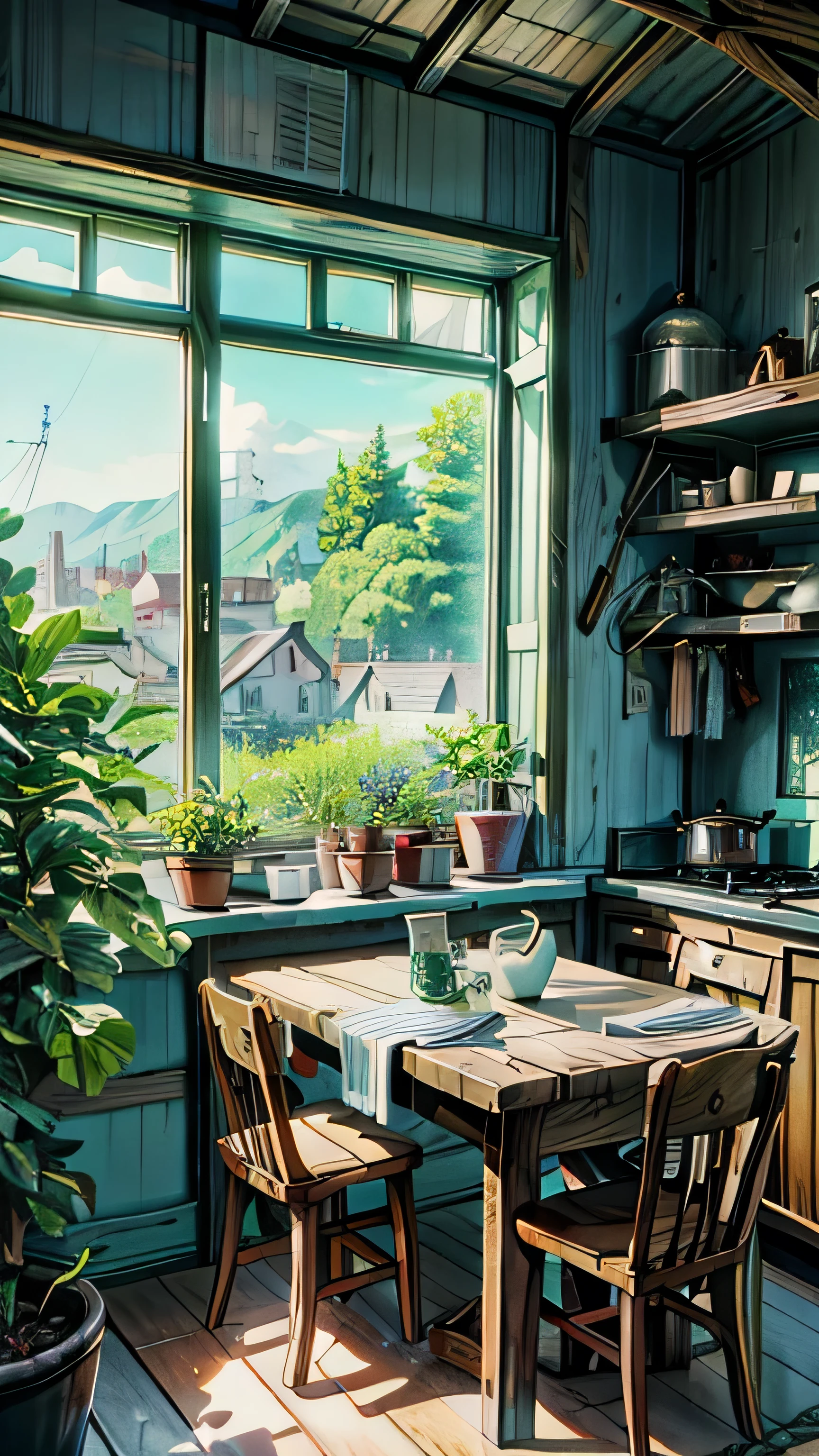 a painting of a kitchen with a table and chairs, anime. by makoto shinkai, by Makoto Shinkai, by makoto shinkai, makoto shinkai. high detail, ( ( makoto shinkai ) ), studio glibly makoto shinkai, makoto shinkai. —h 2160, overgrowth. by makoto shinkai, 4k hd,, beautiful art uhd 4 k, a beautiful artwork illustration, beautiful digital painting, highly detailed digital painting, beautiful digital artwork, detailed painting 4 k, very detailed digital painting, rich picturesque colors, gorgeous digital painting