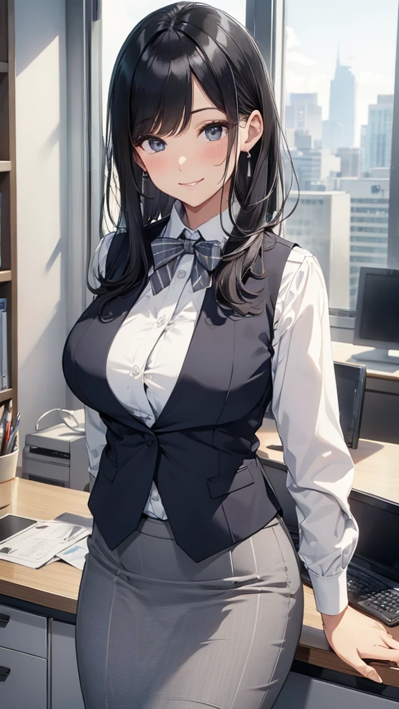 1lady standing, office worker, receptionist, (vest with white and gray checks:1.2) (navy pencil skirt) bowtie, mature female, /(black hair/) bangs, blush kind smile, (masterpiece best quality:1.2) delicate illustration ultra-detailed, large breasts BREAK (modern office indoors), window cityscape, detailed background