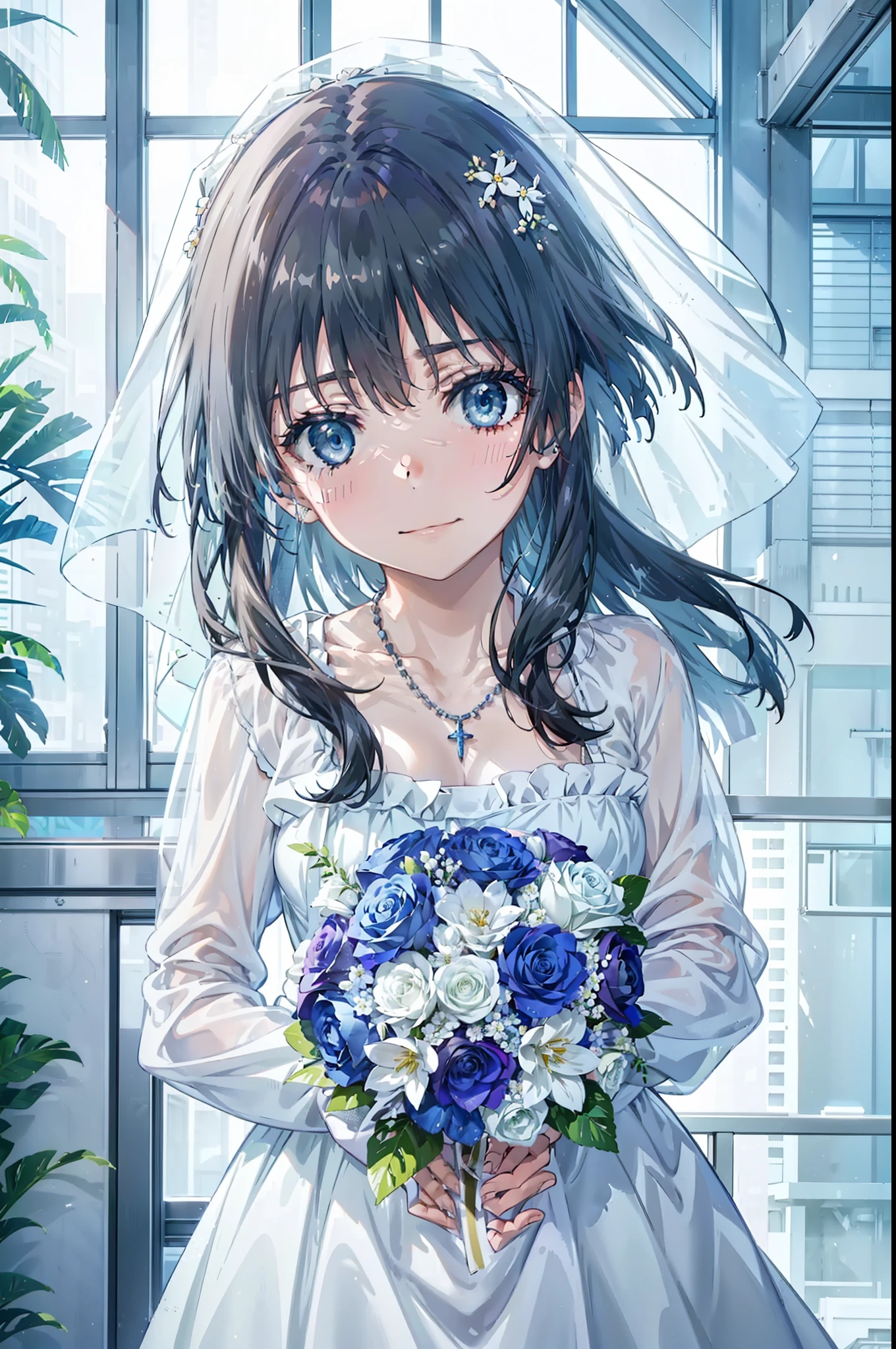 Okay, Saten Ruiko, Black Hair, blue eyes, Long Hair, hair ornaments, Floral decoration,Grin,smile,Veil,blush,Wedding dress,Off the shoulder,necklace,Wedding Skirts,Traveling with a large bouquet,Flower storm,Stained glass,
break indoor, Chapel,
break looking at viewer, Upper Body,whole body,(Cowboy Shot:1. 5) ,
break (masterpiece:1.2), Highest quality, High resolution, unity 8k wallpaper, (figure:0.8), (Beautiful attention to detail:1.6), Highly detailed face, Perfect lighting, Highly detailed CG, (Perfect hands, Perfect Anatomy),