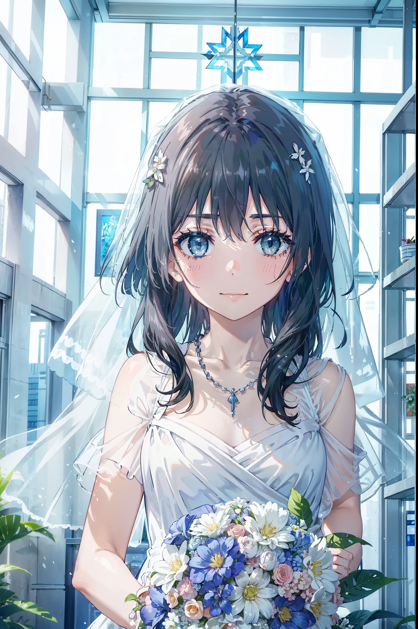 Okay, Saten Ruiko, Black Hair, blue eyes, Long Hair, hair ornaments, Floral decoration,Grin,smile,Veil,blush,Wedding dress,Off the shoulder,necklace,Wedding Skirts,Traveling with a large bouquet,Flower storm,Stained glass,
break indoor, Chapel,
break looking at viewer, Upper Body,whole body,(Cowboy Shot:1. 5) ,
break (masterpiece:1.2), Highest quality, High resolution, unity 8k wallpaper, (figure:0.8), (Beautiful attention to detail:1.6), Highly detailed face, Perfect lighting, Highly detailed CG, (Perfect hands, Perfect Anatomy),