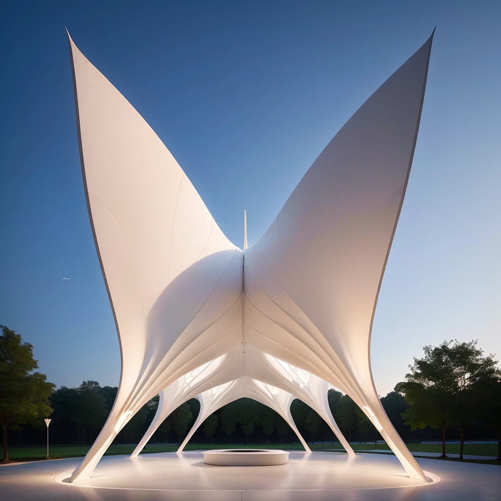 There is a huge white sculpture,There is a huge white butterfly on it, tent architecture, Web portals. Zaha Hadid, Calatrava, High-quality architectural art, santiago Calatrava, ribbon chapel, pavilion, inspired by Zha Shibiao, by Zha Shibiao, Zaha Hadid architecture, author:Zaha Hadid, in style of Zaha Hadid architect