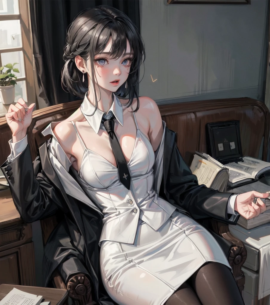 RAW photo, extremely delicate and beautiful, masterpiece, Best Quality, ultra high resolution, 16k, photorealistic, ultra detailed description, pale skin, in her 20s, whole body, medium tits, medium hair, black hair, tearful mole, earring, business suit, blazer, pencil skirt, collarbone, shirt, tie,