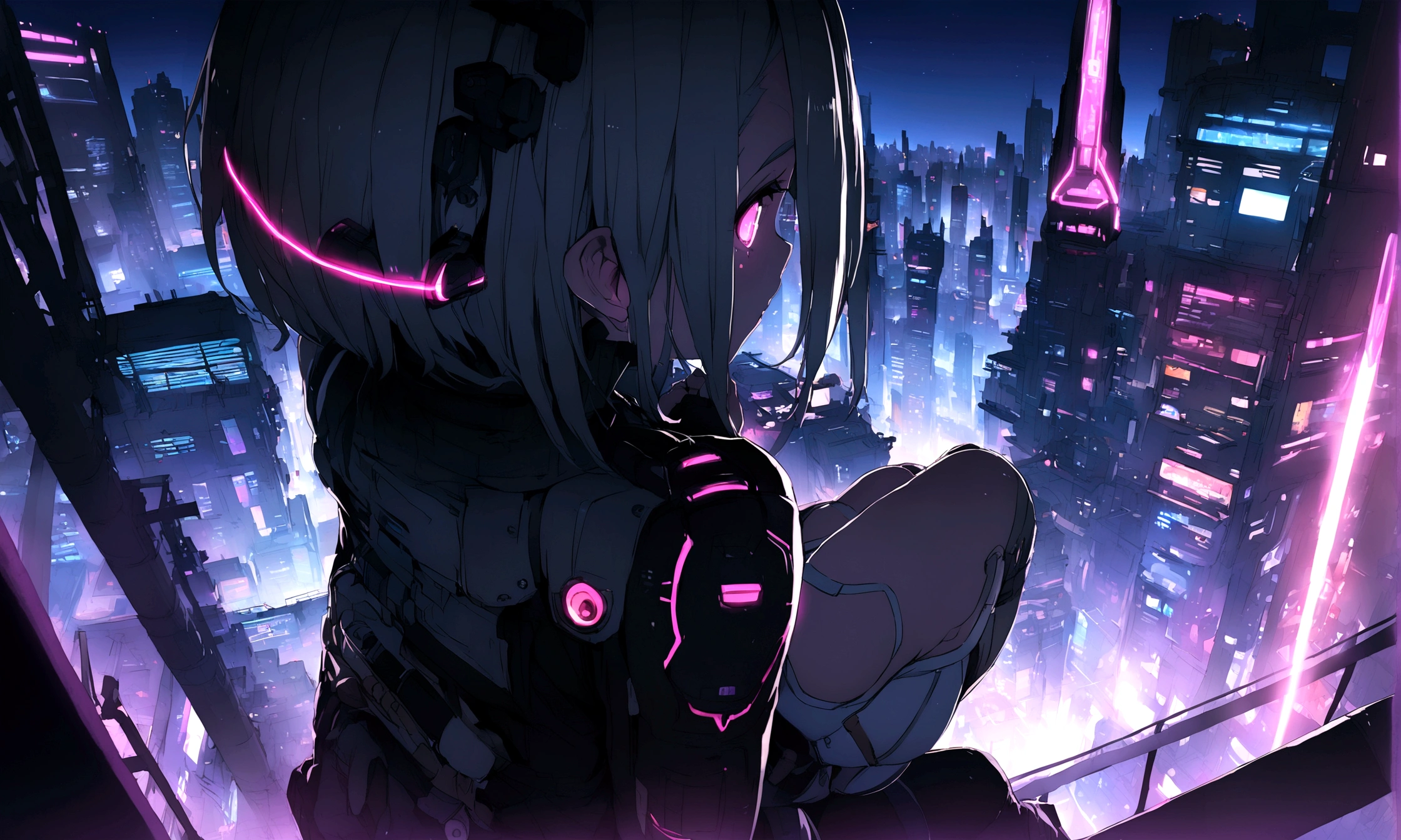 Highest quality、masterpiece、night、cyber punk、Cyber City、Mid Shot、High position