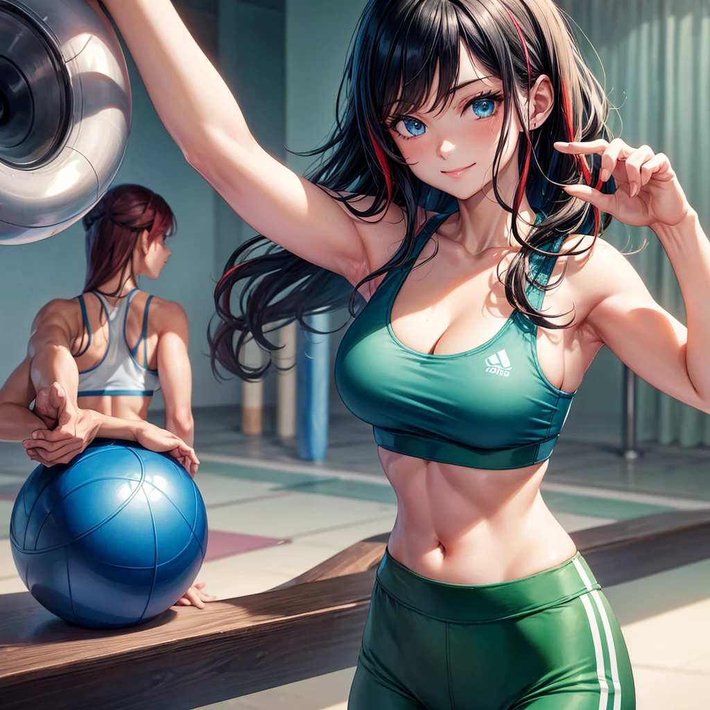 blue eyes,masterpiece, best quality, photorealistic, yujiasuit, yoga sports bra, yoga pants, 1girl, solo, , yoga ball, pants, looking at viewer, smile, green sports bra, simple background, , midriff, long wavy black hair with red highlights, breasts, green pants, sportswear, tank top, upper body,