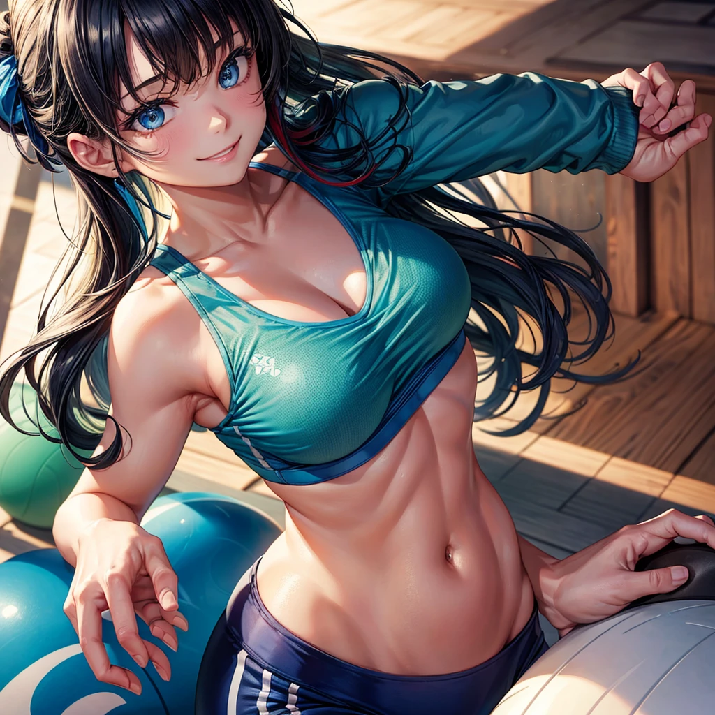 blue eyes,masterpiece, best quality, photorealistic, yujiasuit, yoga sports bra, yoga pants, 1girl, solo, , yoga ball, pants, looking at viewer, smile, green sports bra, simple background, , midriff, long wavy black hair with red highlights, breasts, green pants, sportswear, tank top, upper body,