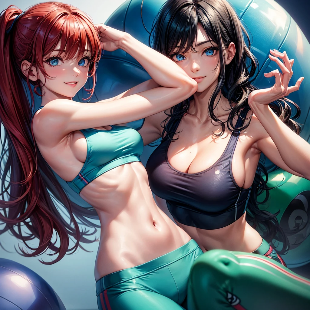blue eyes,masterpiece, best quality, photorealistic, yujiasuit, yoga sports bra, yoga pants, 1girl, solo, , yoga ball, pants, looking at viewer, smile, green sports bra, simple background, , midriff, long wavy black hair with red highlights, breasts, green pants, sportswear, tank top, upper body,