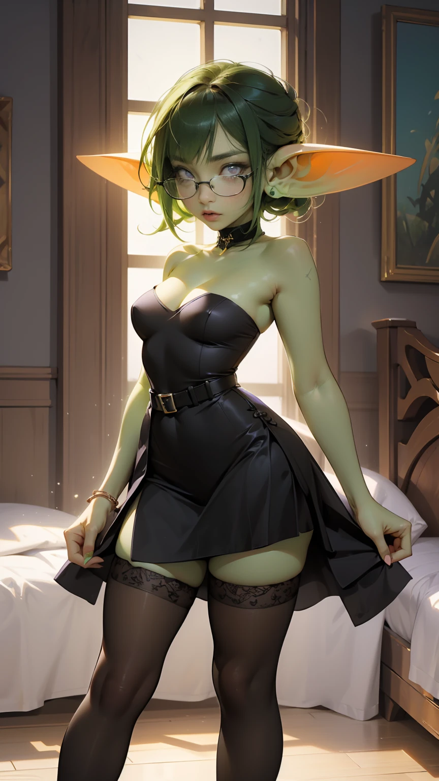 Masterpiece, absurdrez, amazing detail, 4k, perfect face, tiny breasts, 3 foot tall green goblin girl, wearing casual dress, black thigh highs and black pumps, very shy, black glasses, (green skin), small pointy ears, short green hair, purple eyes, exploring a fine art museum, topless, undressing