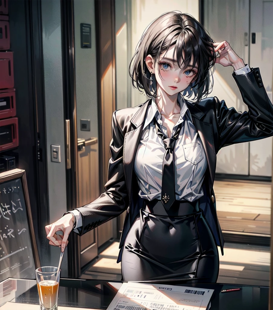 RAW photo, extremely delicate and beautiful, masterpiece, Best Quality, ultra high resolution, 16k, photorealistic, ultra detailed description, pale skin, in her 20s, whole body, medium tits, medium hair, black hair, tearful mole, earring, business suit, blazer, pencil skirt, collarbone, shirt, tie,