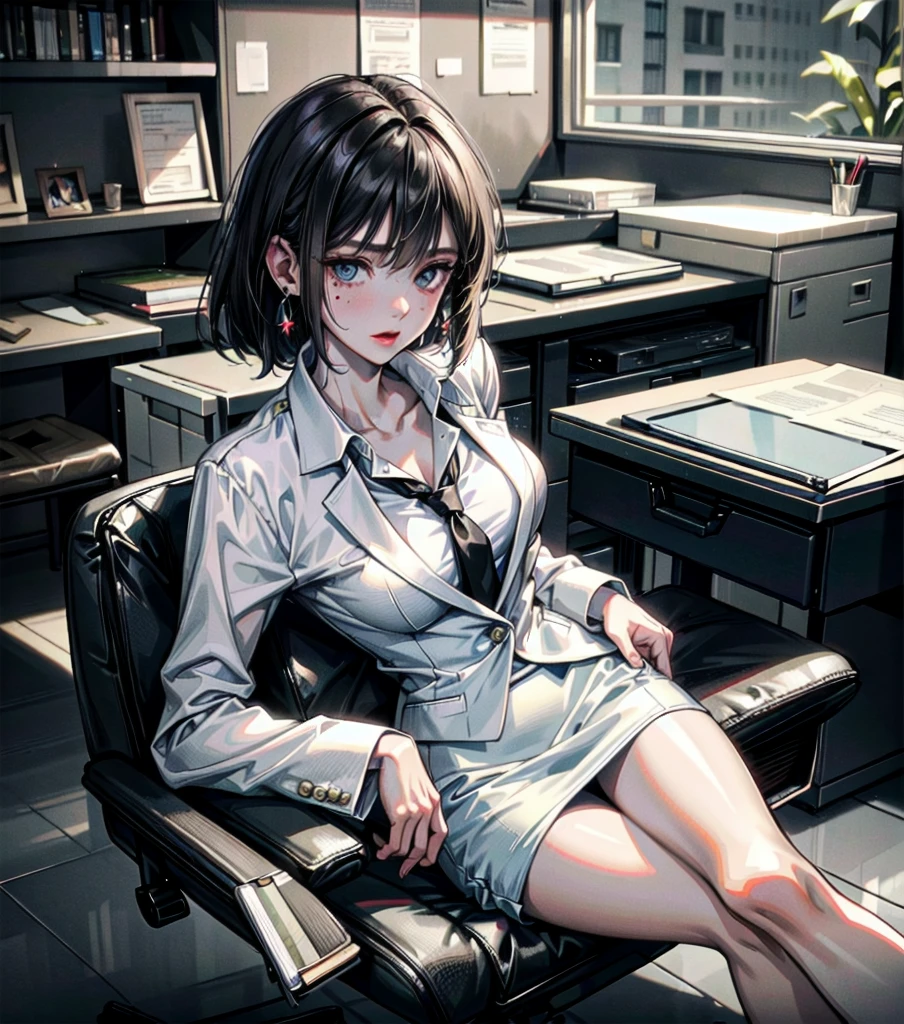 RAW photo, extremely delicate and beautiful, masterpiece, Best Quality, ultra high resolution, 16k, photorealistic, ultra detailed description, pale skin, in her 20s, whole body, medium tits, medium hair, black hair, tearful mole, earring, business suit, blazer, pencil skirt, collarbone, shirt, tie,