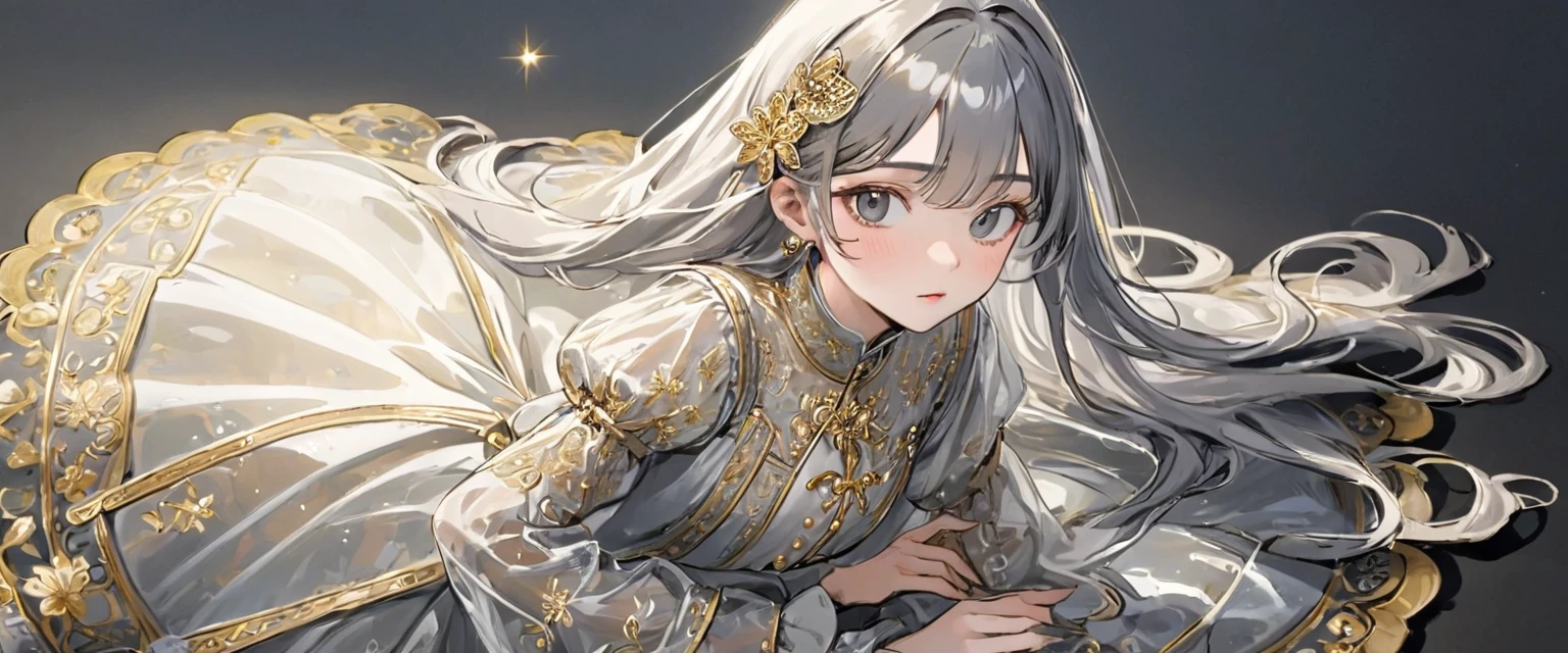 girl, Gold and silver embroidery, White-gray pearl medieval long dress(With panniers), Translucent fabric, Pull up the dress by hand, Strong winds, Translucent slip, Grey translucent tights, Peeking from below, Highest quality, Disorder of clothing, sit