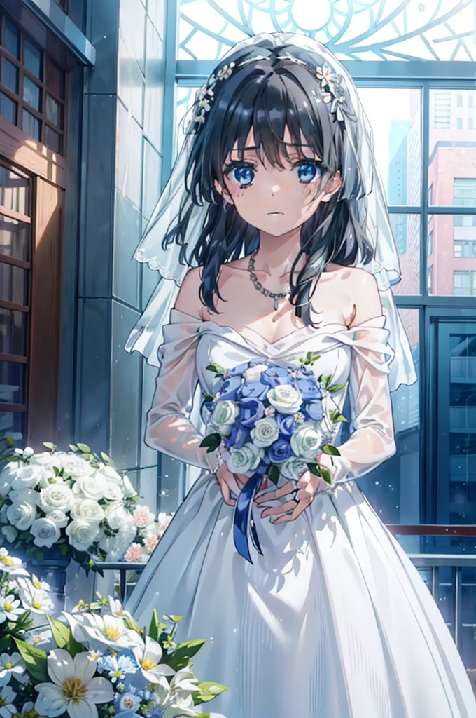 Okay, Saten Ruiko, Black Hair, blue eyes, Long Hair, hair ornaments, Floral decoration,Grin,smile,Veil,blush,Wedding dress,Off the shoulder,necklace,Wedding Skirts,Traveling with a large bouquet,Flower storm,Stained glass,
break indoor, Chapel,Association,
break looking at viewer, Upper Body,whole body,(Cowboy Shot:1. 5) ,
break (masterpiece:1.2), Highest quality, High resolution, unity 8k wallpaper, (figure:0.8), (Beautiful attention to detail:1.6), Highly detailed face, Perfect lighting, Highly detailed CG, (Perfect hands, Perfect Anatomy),