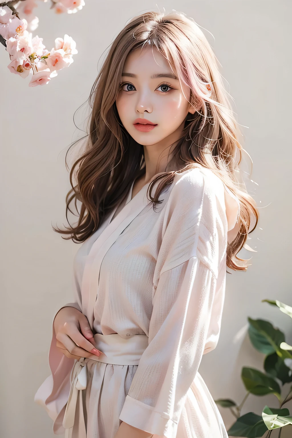 Japanese,Bob Hair,Light pink hair, Pink Eyes, Pink and white, Cherry leaves, Vibrant colors, White clothes, Paint splashes, Simple Background, Ray Tracing, Wavy Hair