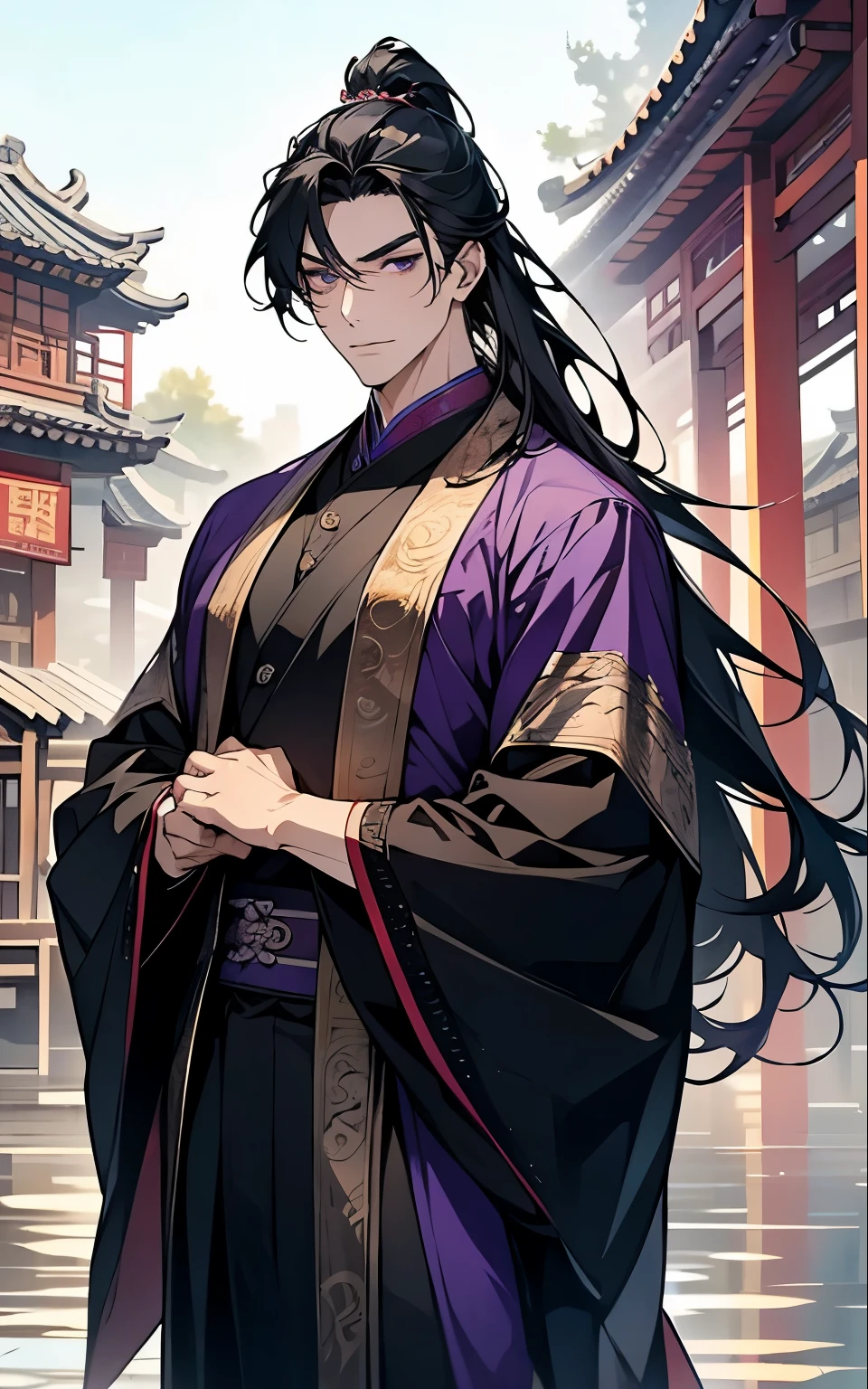 1 middle-aged man, (45 years old), long black hair, violet eyes, chinese clothes, (!PURPLE! clothes), available at purple traditional chinese town