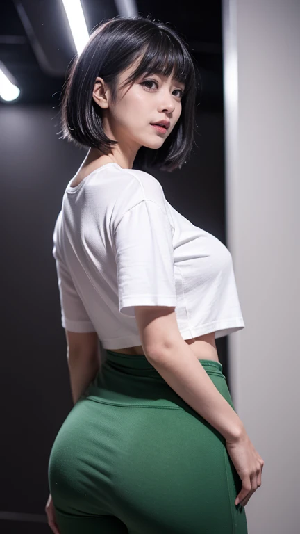 Highest quality,((From the back)),whole body,woman,Blunt bangs,Black Hair,Short Crop Hair,Shiny Hair,With big eyes、green,bright、Has a lively expression,健康的でbright肌の色,Small Mouth,Thick lips,whole body,Big Breasts,The thighs are a little thicker,Looking into the camera,Cinema Lighting,Oversized Long T-Shirt,Small Ass,