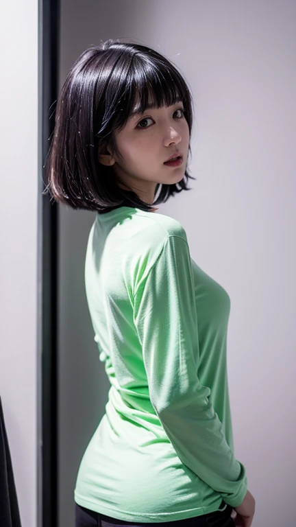 Highest quality，((From the back))，whole body，woman，Blunt bangs，Black Hair，Short Crop Hair，Shiny Hair，With big eyes、green，bright、Has a lively expression，健康的でbright肌の色，Small Mouth，Thick lips，whole body，Big Breasts，The thighs are a little thicker，Looking into the camera，Cinema Lighting，Oversized Long T-Shirt，Small Ass，