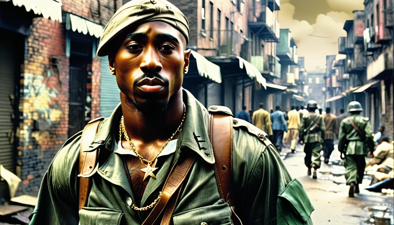 1970s photo of "2Pac" dressed like a soldier in the ghetto, atmospheric perspective, textured skin, cinematic action, super detail,