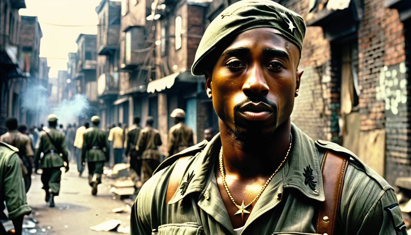 1970s photo of "2Pac" dressed like a soldier in the ghetto, atmospheric perspective, textured skin, cinematic action, super detail,